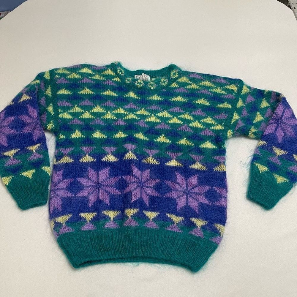 Gallagher Mohair Teal Geometric VTG Sweater Size Medium